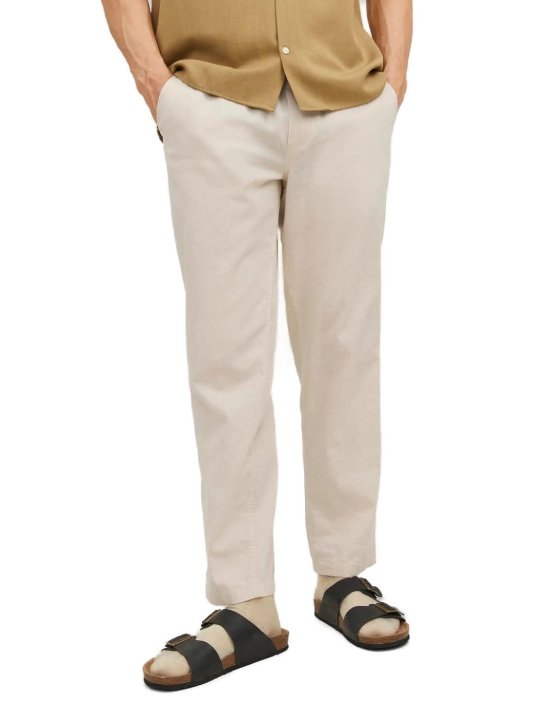 Pantalón Jack&Jones de lino cintura elástica beige de hombre