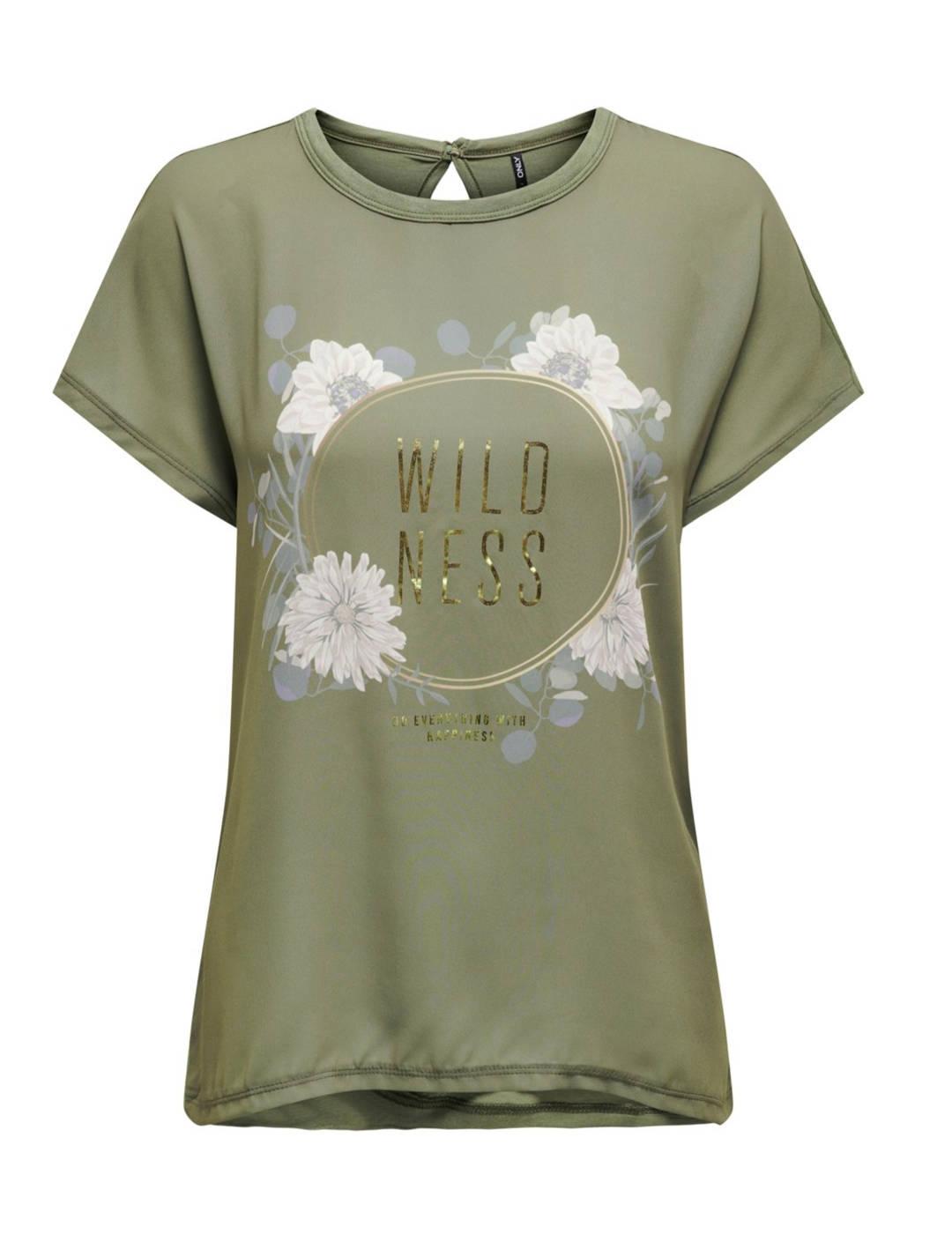 Camiseta Only Flora verde con flores manga corta de mujer