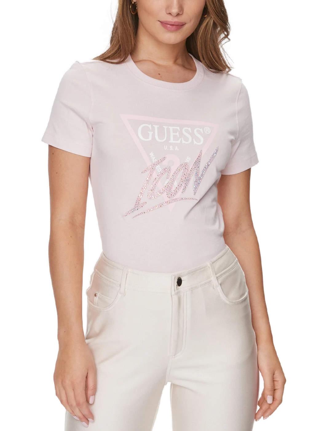 Camiseta Guess Icon rosa logo triángulo manga corta de mujer