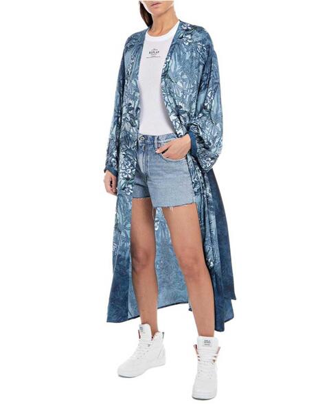 pavo No hagas Fundación Kimono Replay largo azul estamapado de mujer