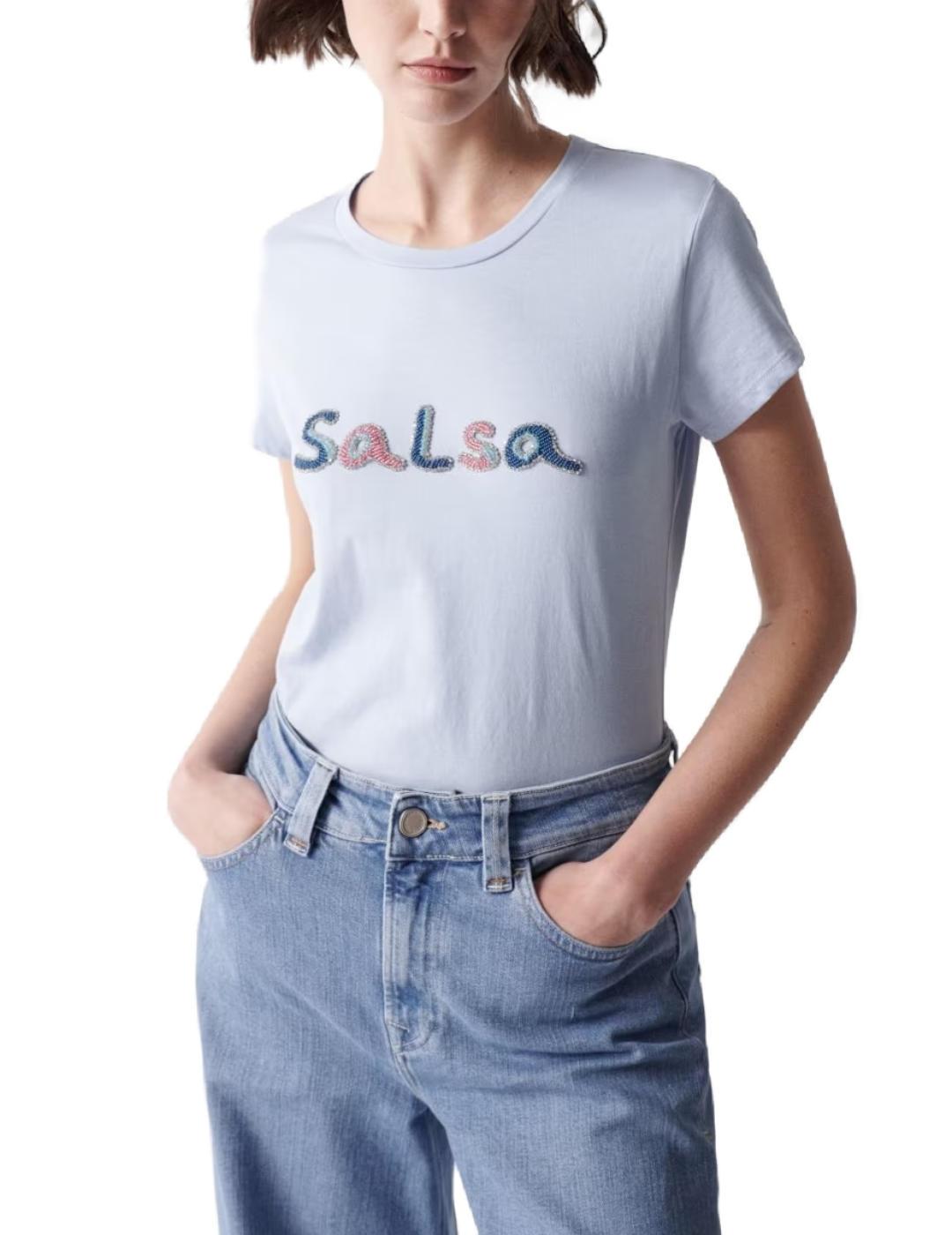 por no mencionar Al borde Patentar Camiseta Salsa manga corta azul con abalorios de mujer