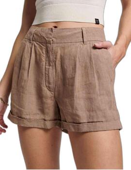 Short Superdry Linen camel de lino para mujer