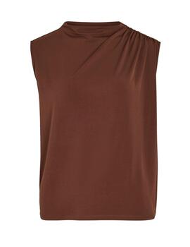 Camiseta top Vila Phoenix ajustada marrón fruncida de mujer