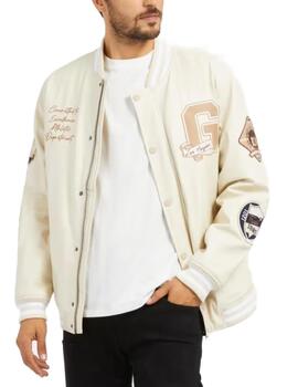 Chaqueta bomber Guess Varsity beige con parches para hombre