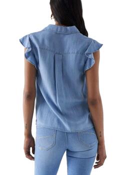 Blusa Salsa denim azul volantes manga sisa de mujer