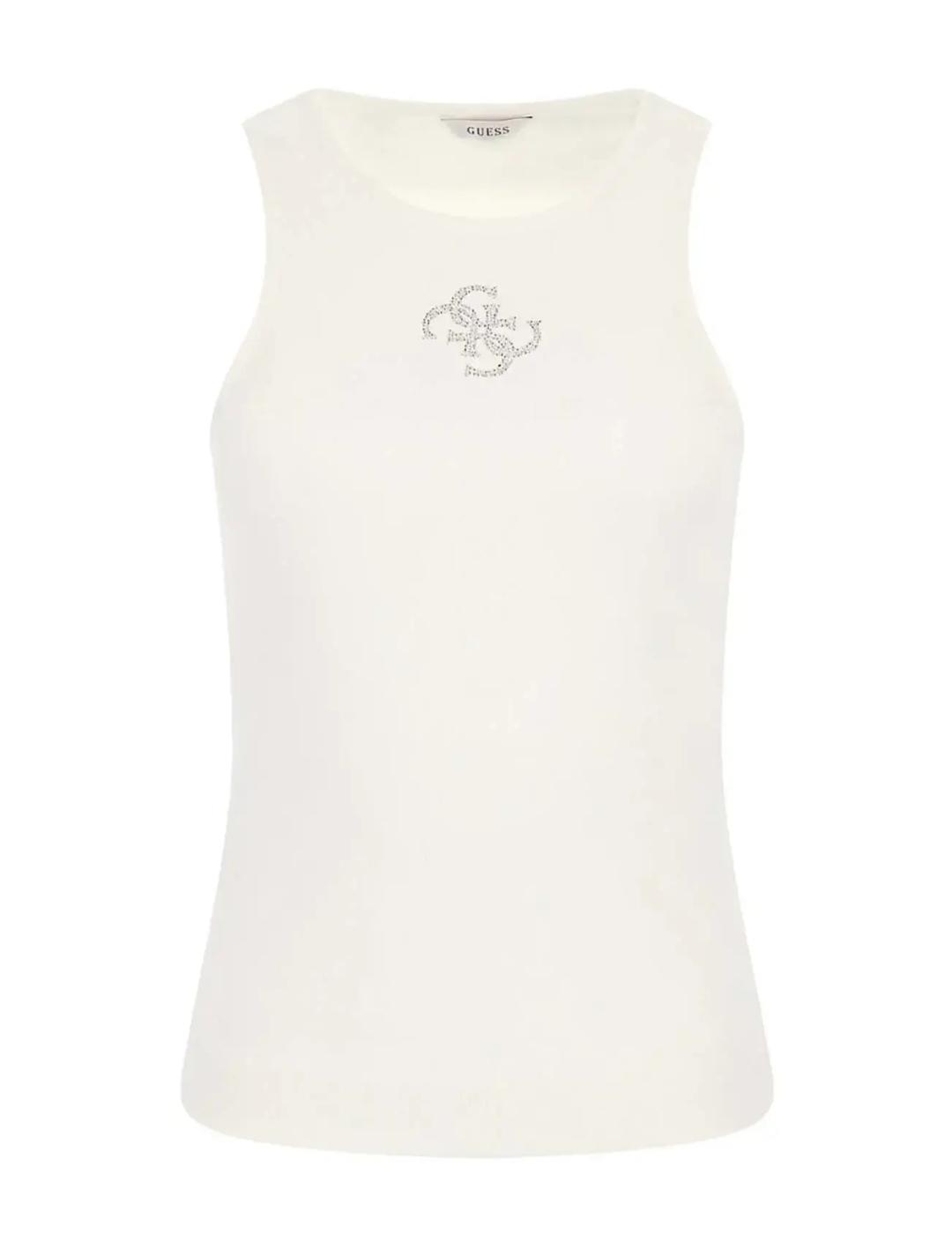 Camiseta Guess Round blanca logo manga sisa para mujer