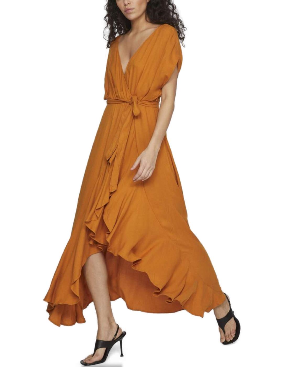 Vestido midi Vila Henrisse naranja volantes para mujer