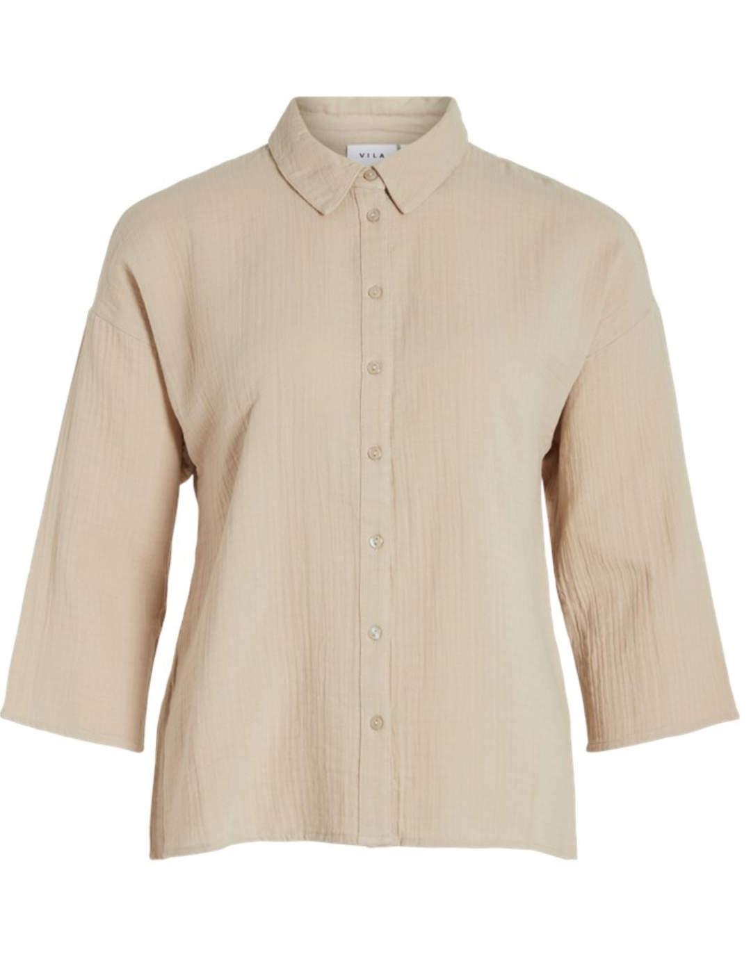 Camisa Vila Ania beige manga 3/4  Regular para mujer