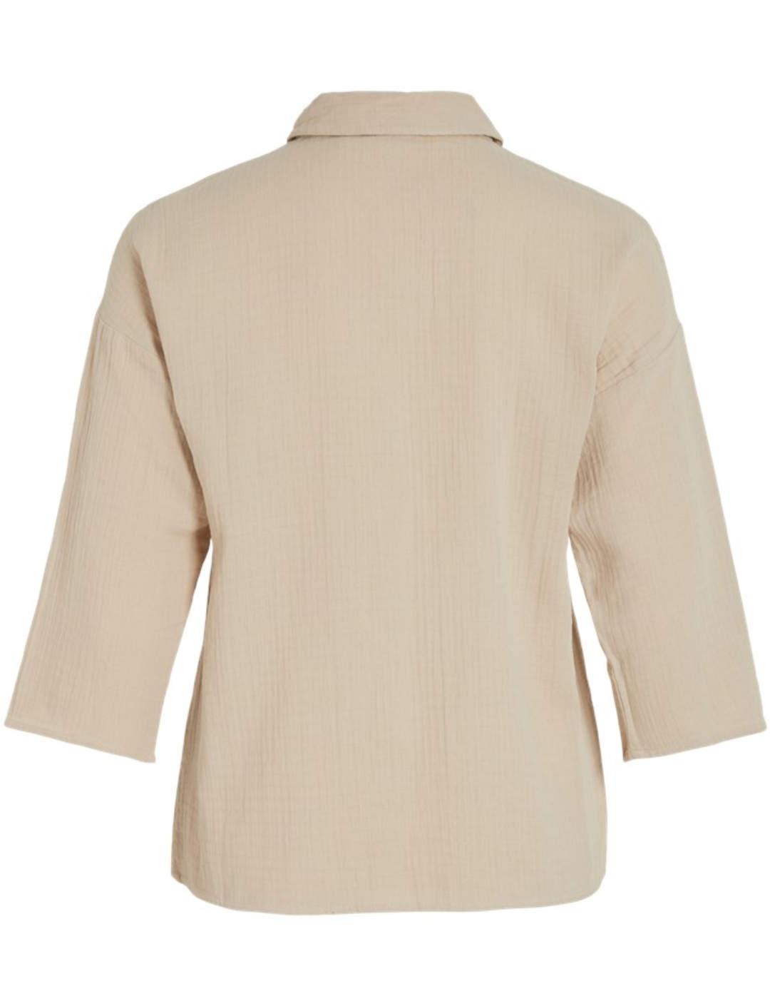 Camisa Vila Ania beige manga 3/4  Regular para mujer