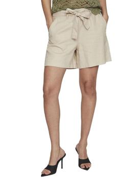 Short Vila Jolanda beige de lino con cinturón para mujer