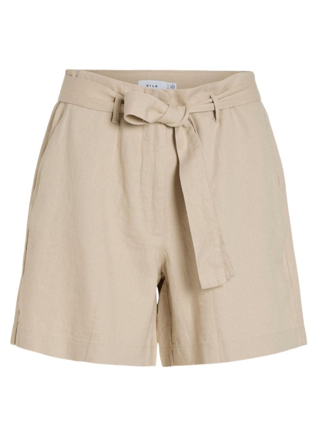 Short Vila Jolanda beige de lino con cinturón para mujer