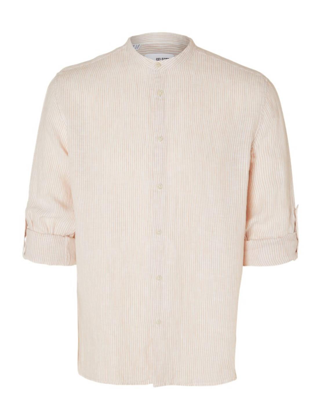 Camisa Selected Linen rosa palo cuello mao para hombre