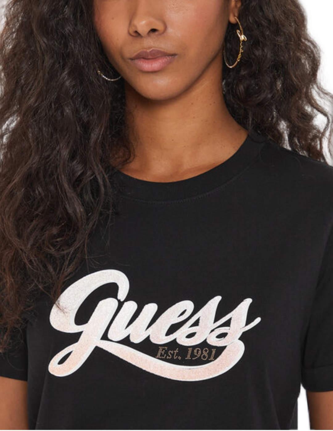 Camiseta Guess Glittery negro manga corta para mujer