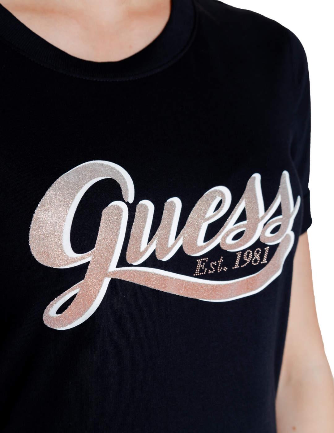 Camiseta Guess Glittery negro manga corta para mujer