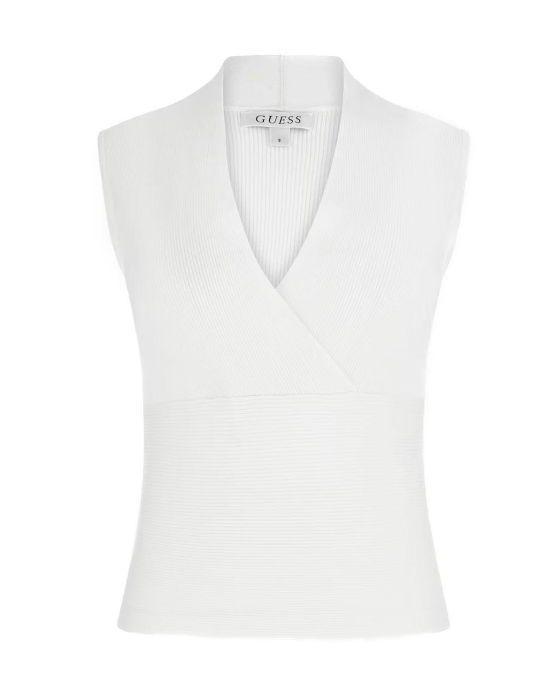 Camiseta Guess Surplice blanco de canalé ajustada para mujer