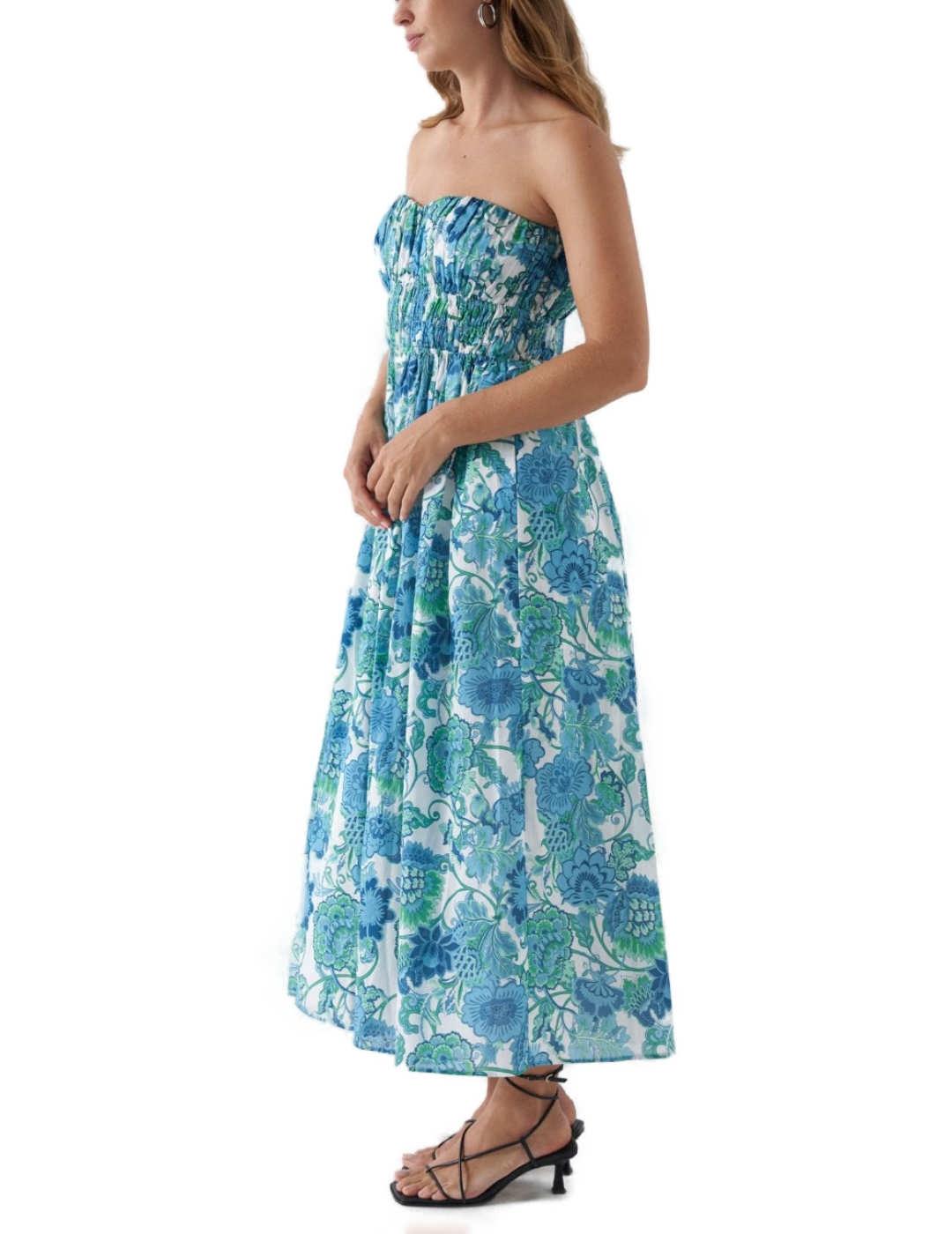 Vestido Salsa azul flores midi palabra de honor de mujer