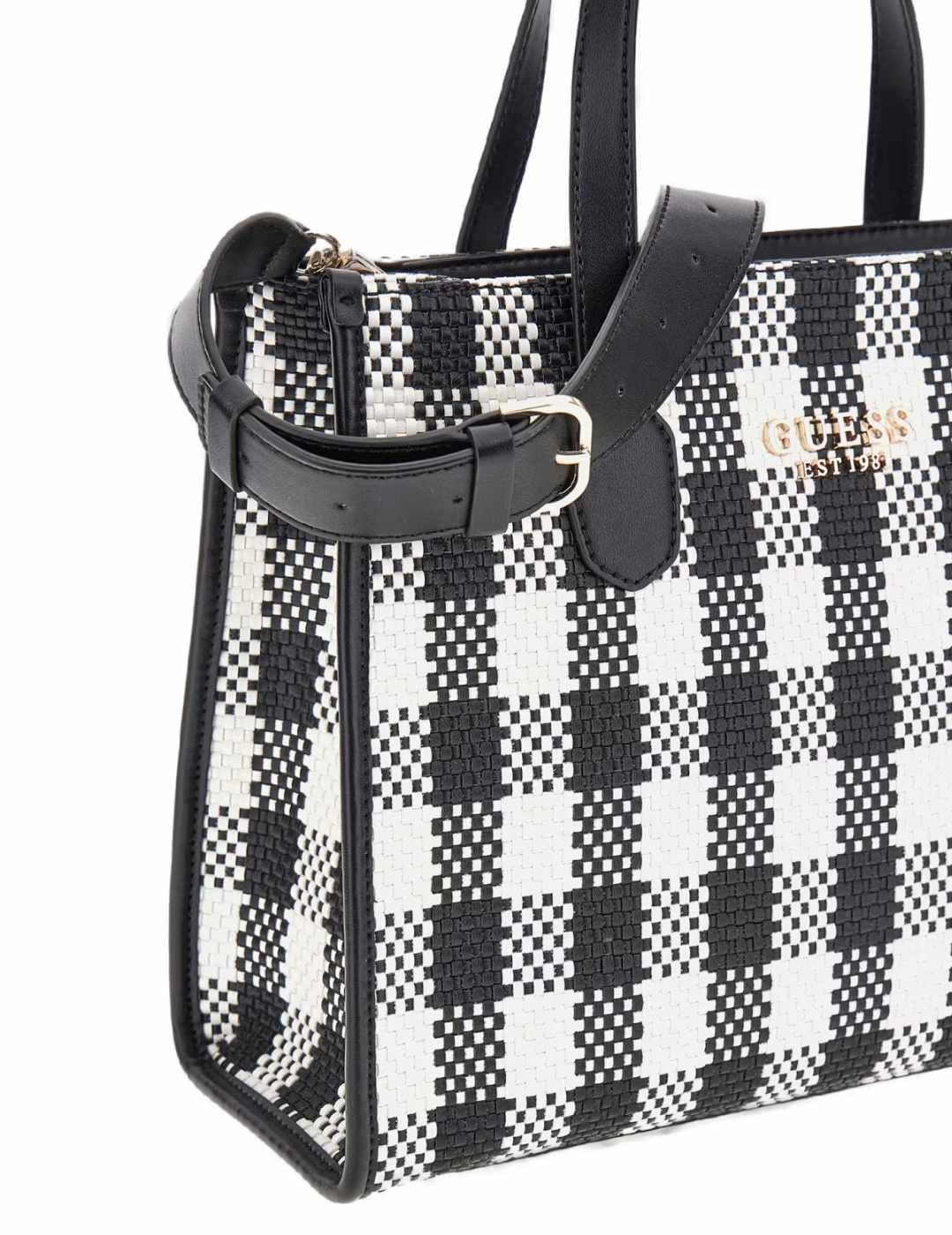 Bolso Guess Silvana tote cuadros blanco y negro para mujer