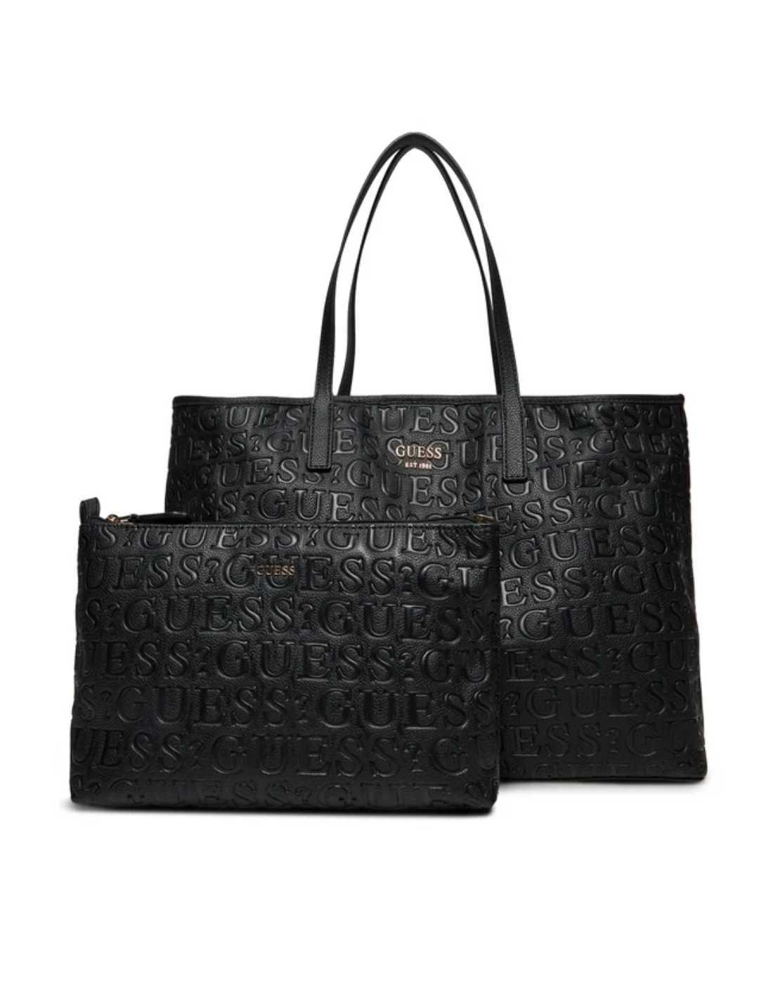 Bolso tote Guess Vikky II negro logo estampado para mujer