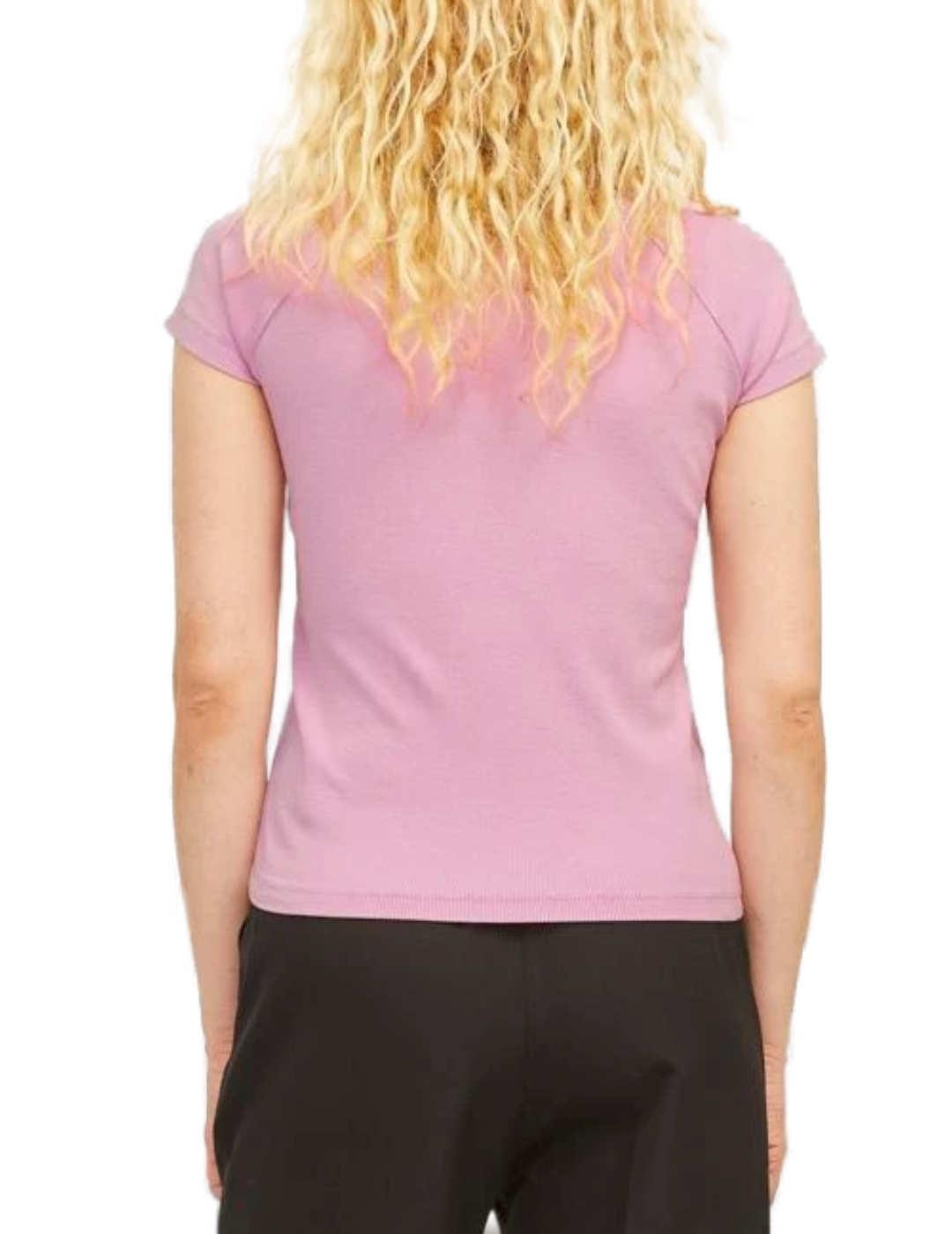 Camiseta de canalé JJXX Friend rosa manga corta para mujer