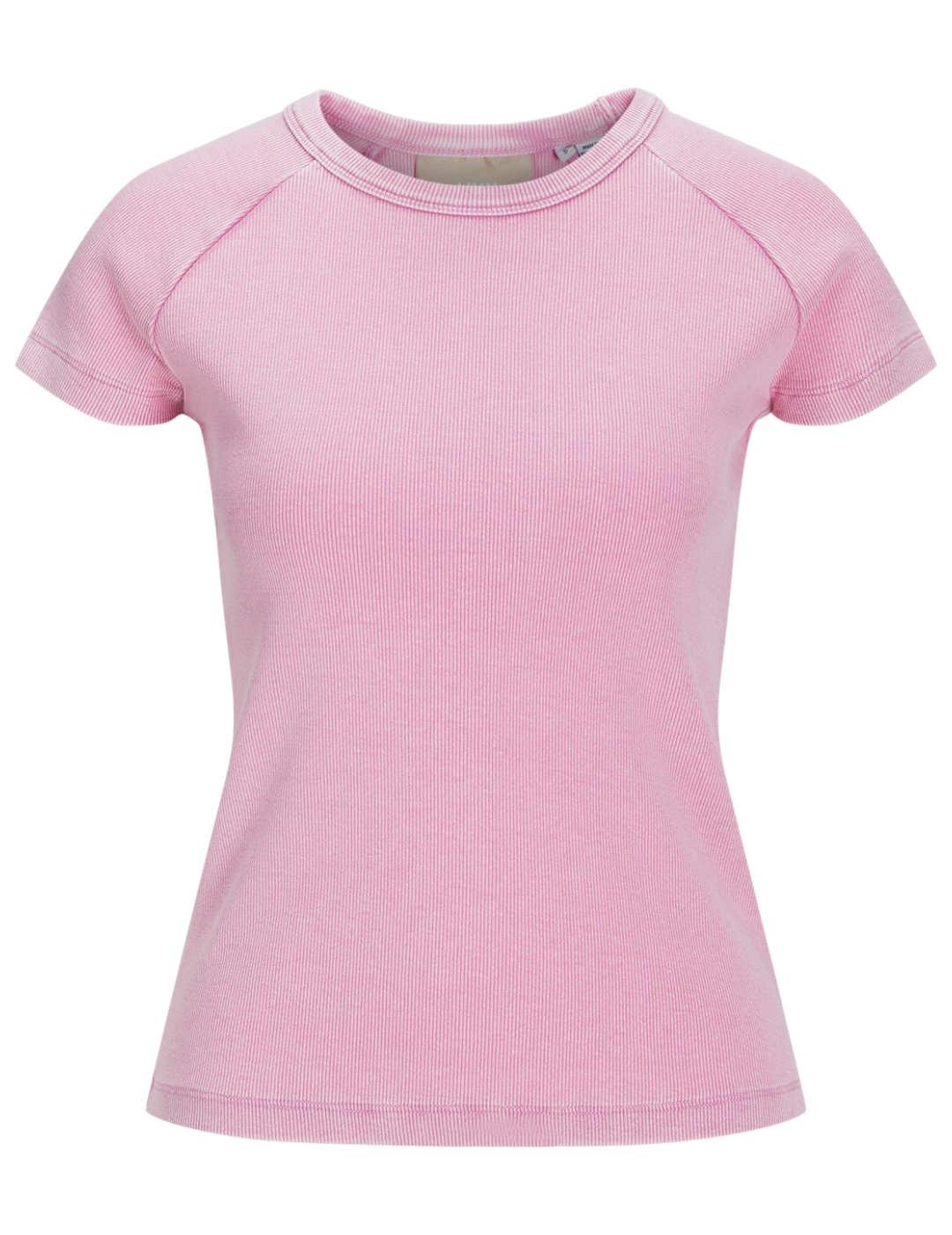 Camiseta de canalé JJXX Friend rosa manga corta para mujer