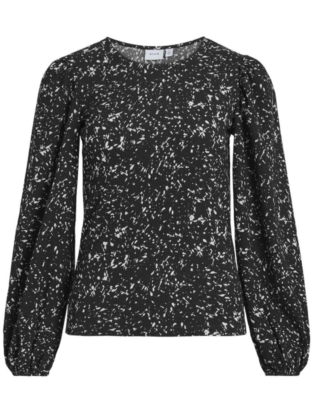 Blusa Vila Peffi negro estampado blanco manga larga de mujer