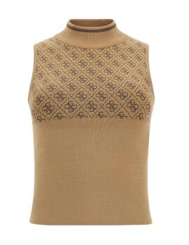 Top Guess Lise beige logo ajustado cuello perkins para mujer