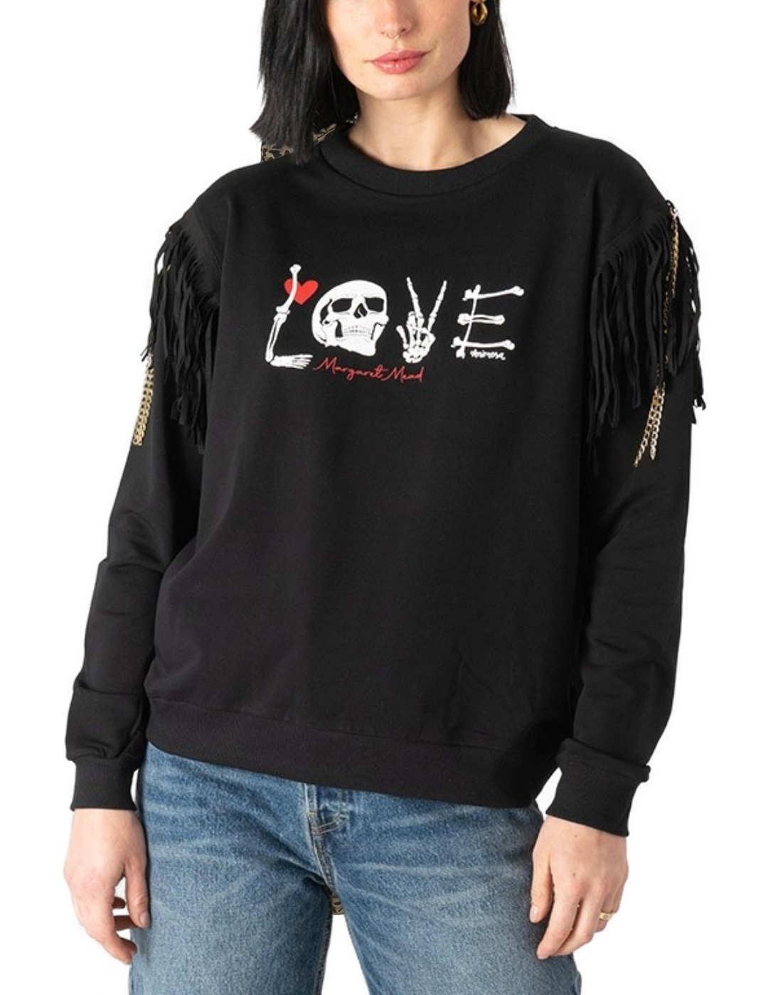 Sudadera Animosa Margaret mead love negra flecos para mujer