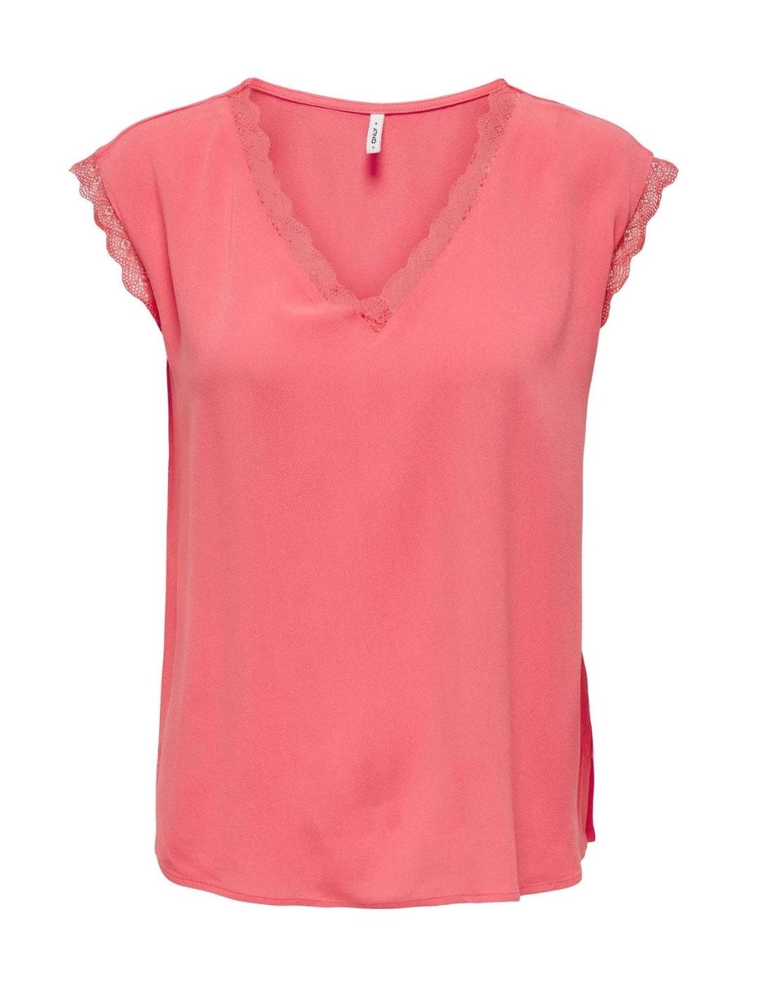 Camiseta Only Jasmina coral manga sisa puntilla para mujer