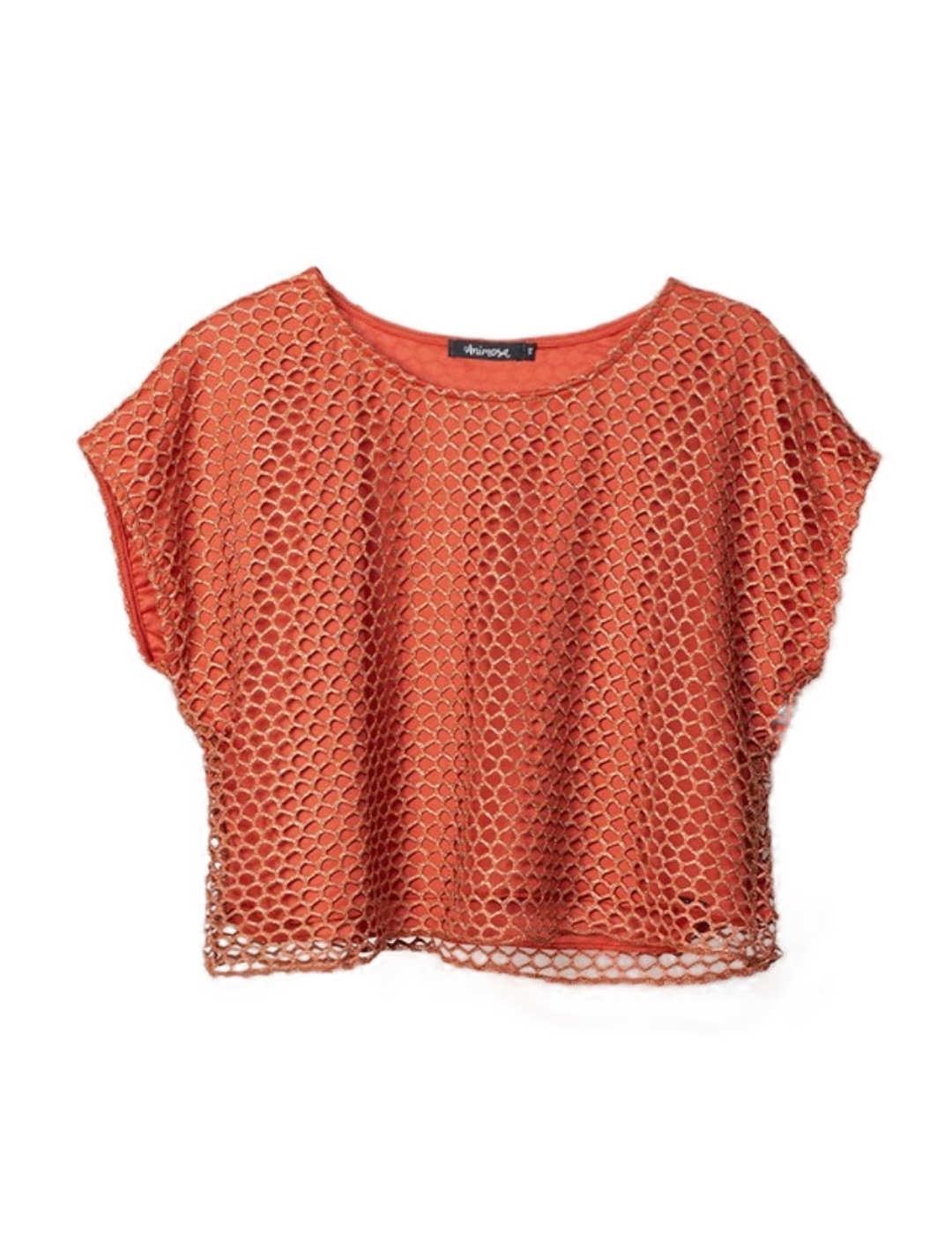 Camiseta crop Animosa rejilla cobre con brillo para mujer