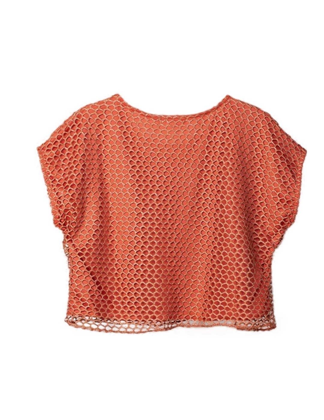 Camiseta crop Animosa rejilla cobre con brillo para mujer