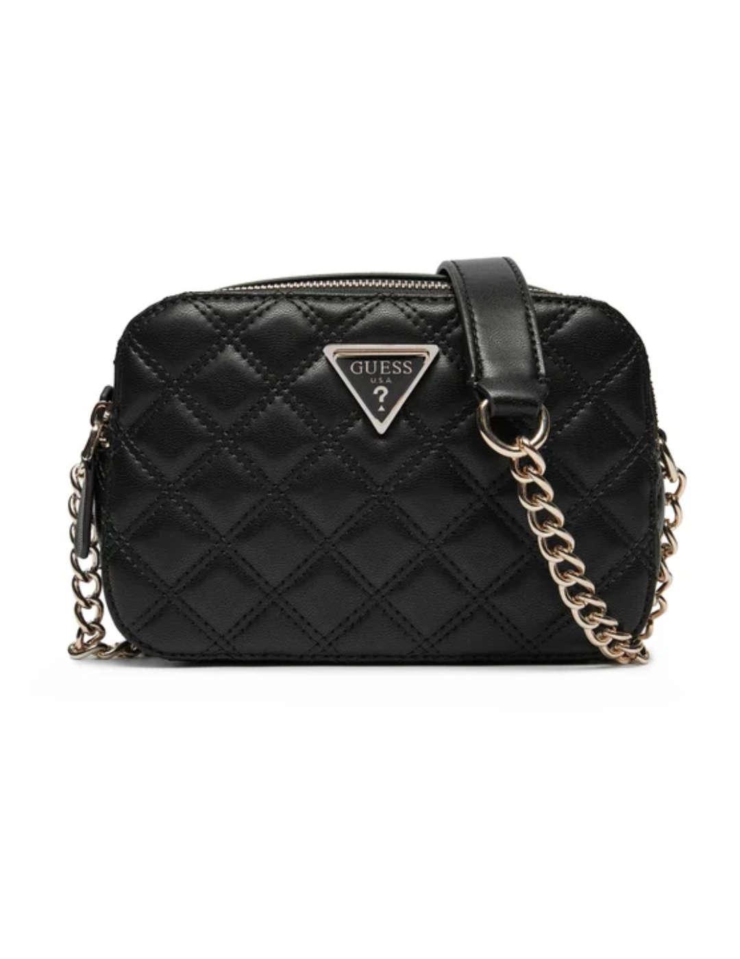 Bolso bandolera Guess Giully Camera negro guateado de mujer