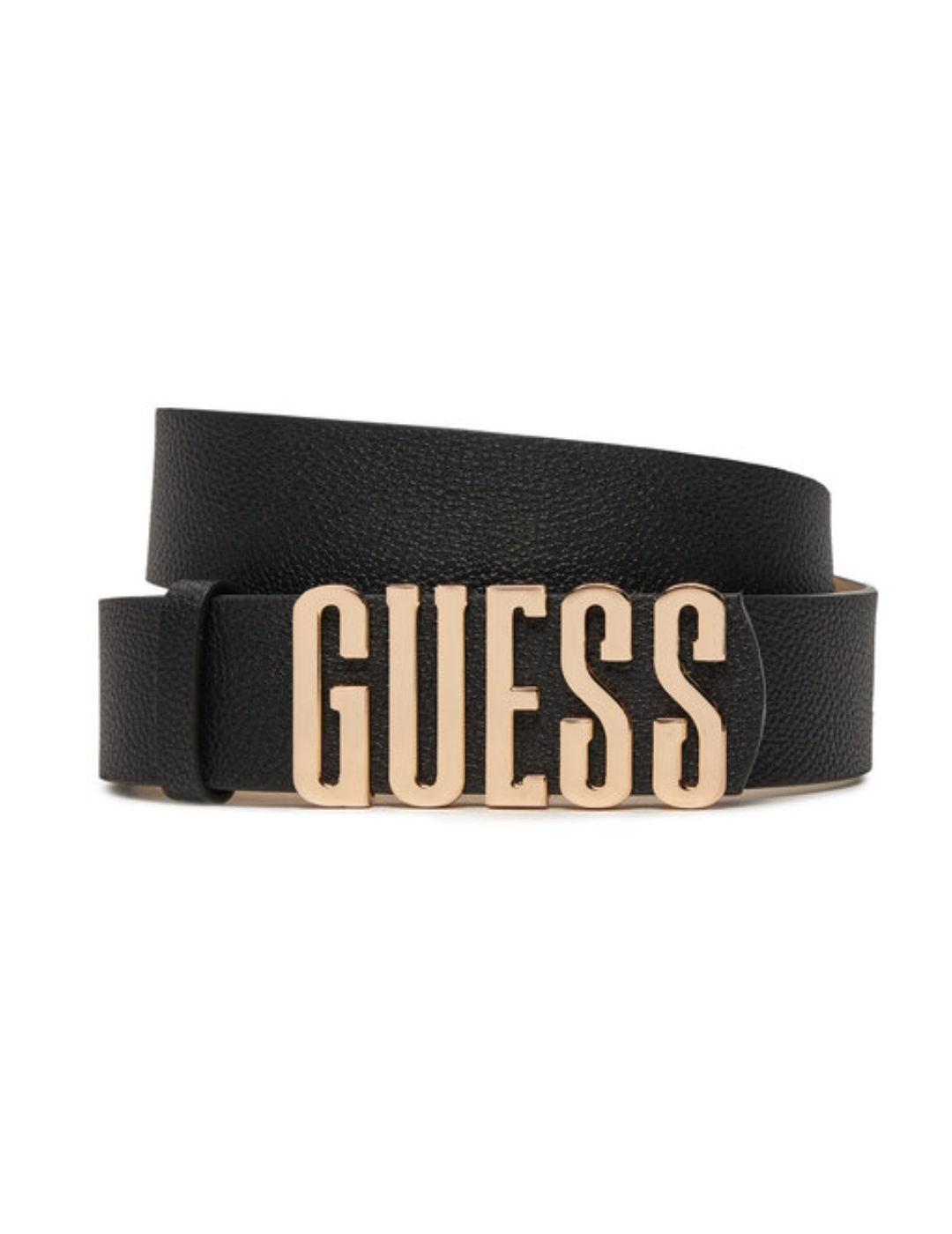 Cinturón Guess Meridian negro logotipo dorado para mujer