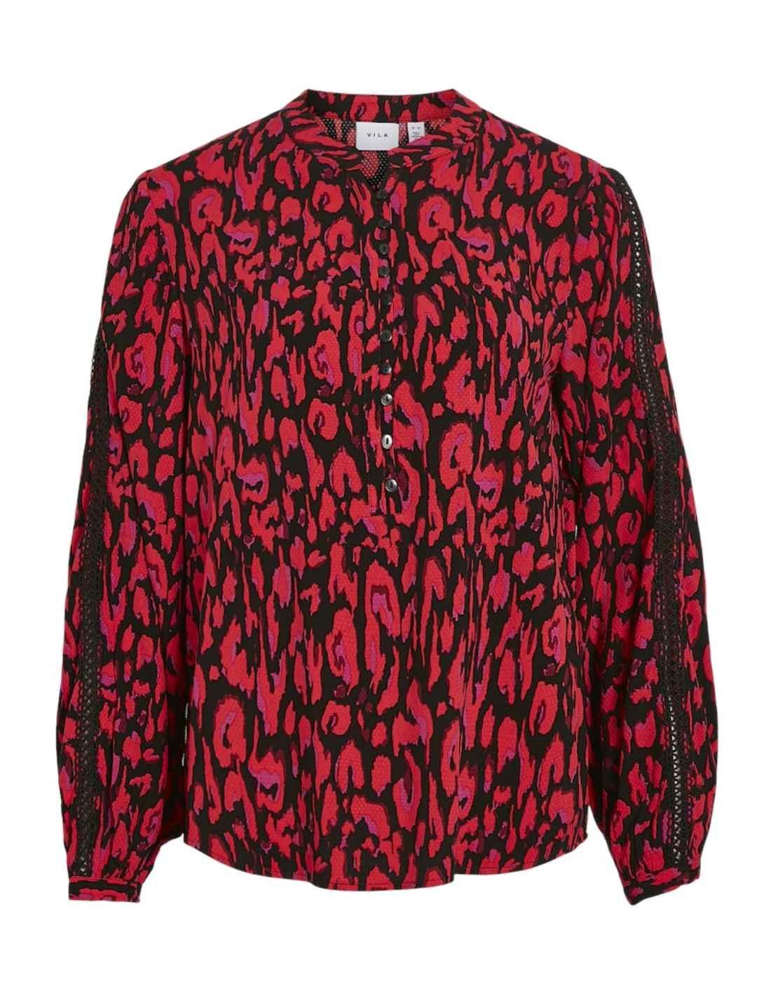 Blusa Vila Zugi leopardo granate manga troquelada para mujer