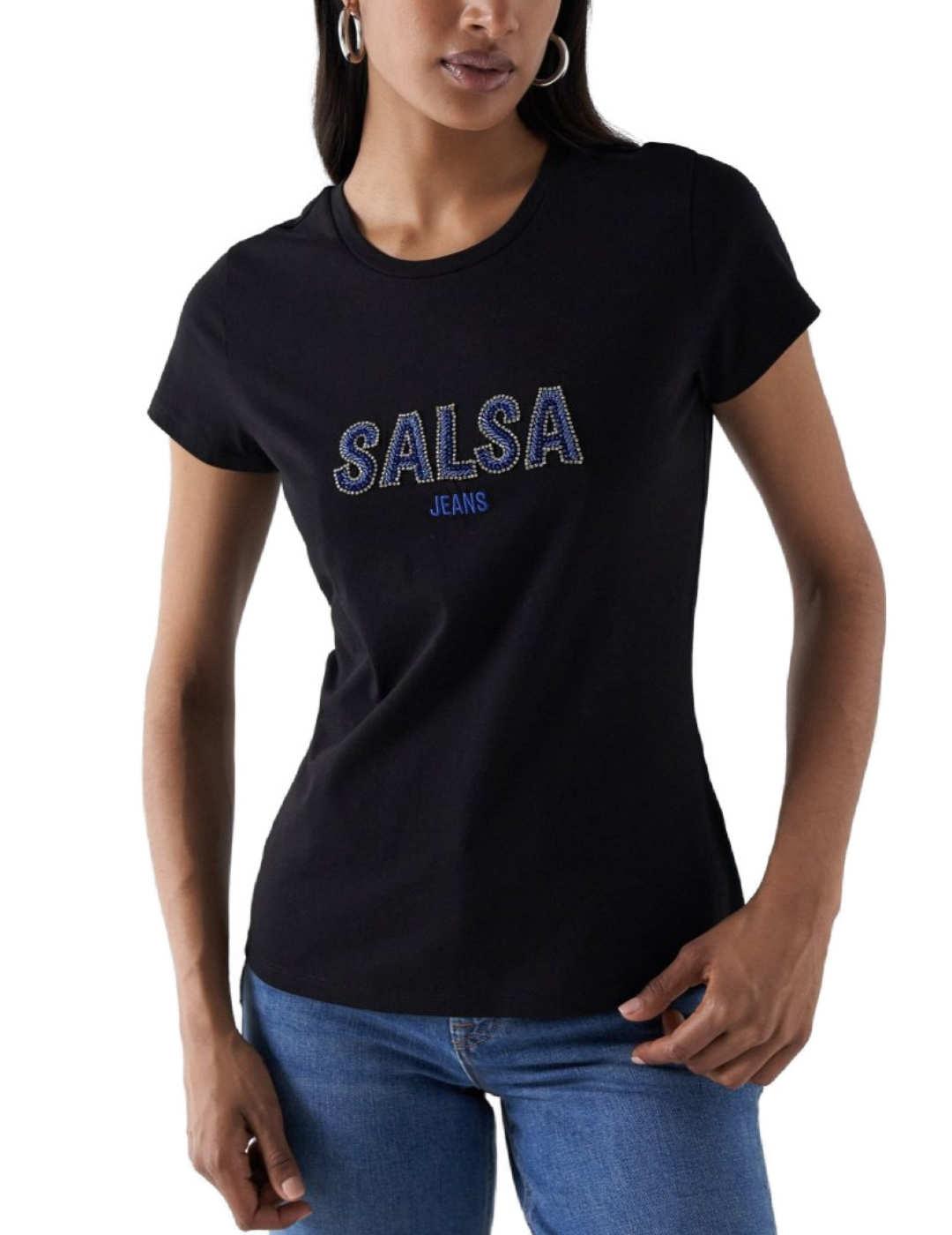 Camiseta Salsa con branding negra manga corta para mujer