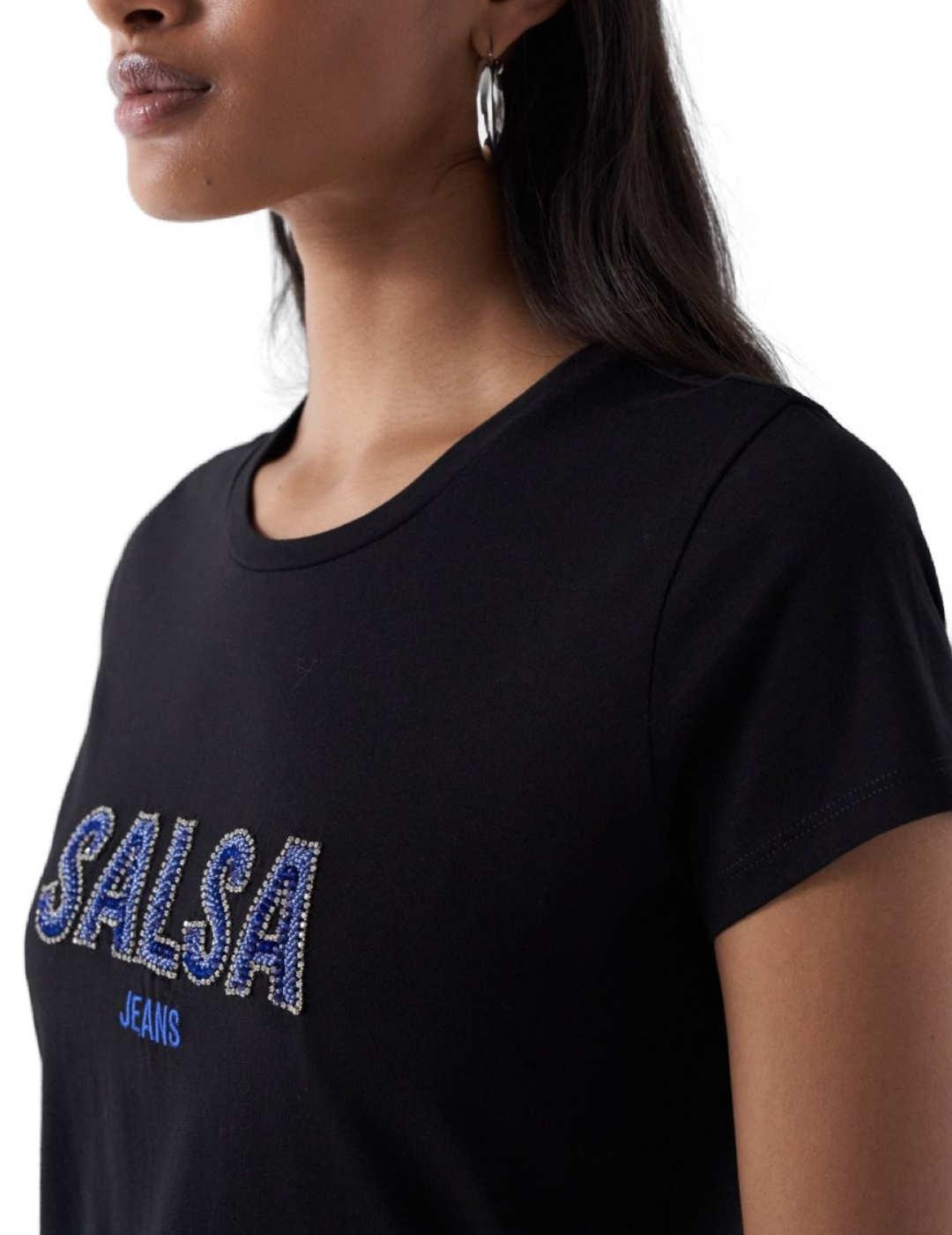 Camiseta Salsa con branding negra manga corta para mujer