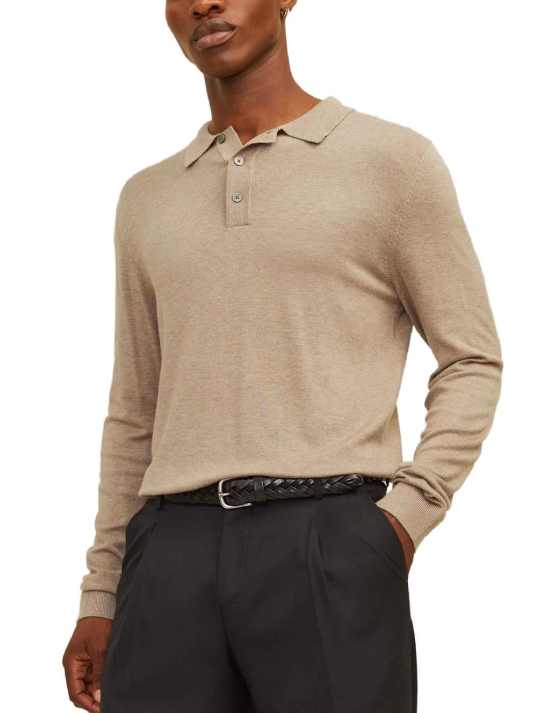 Polo de punto Jack&Jones Blawilliam beige manga larga hombre