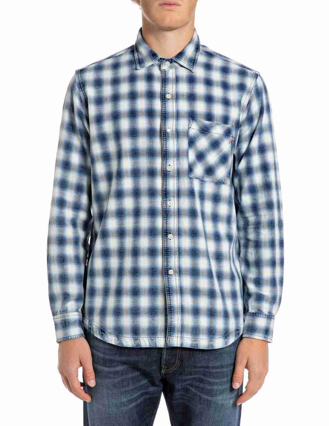 Camisa Replay regular azul cuadros blanco y gris para hombre