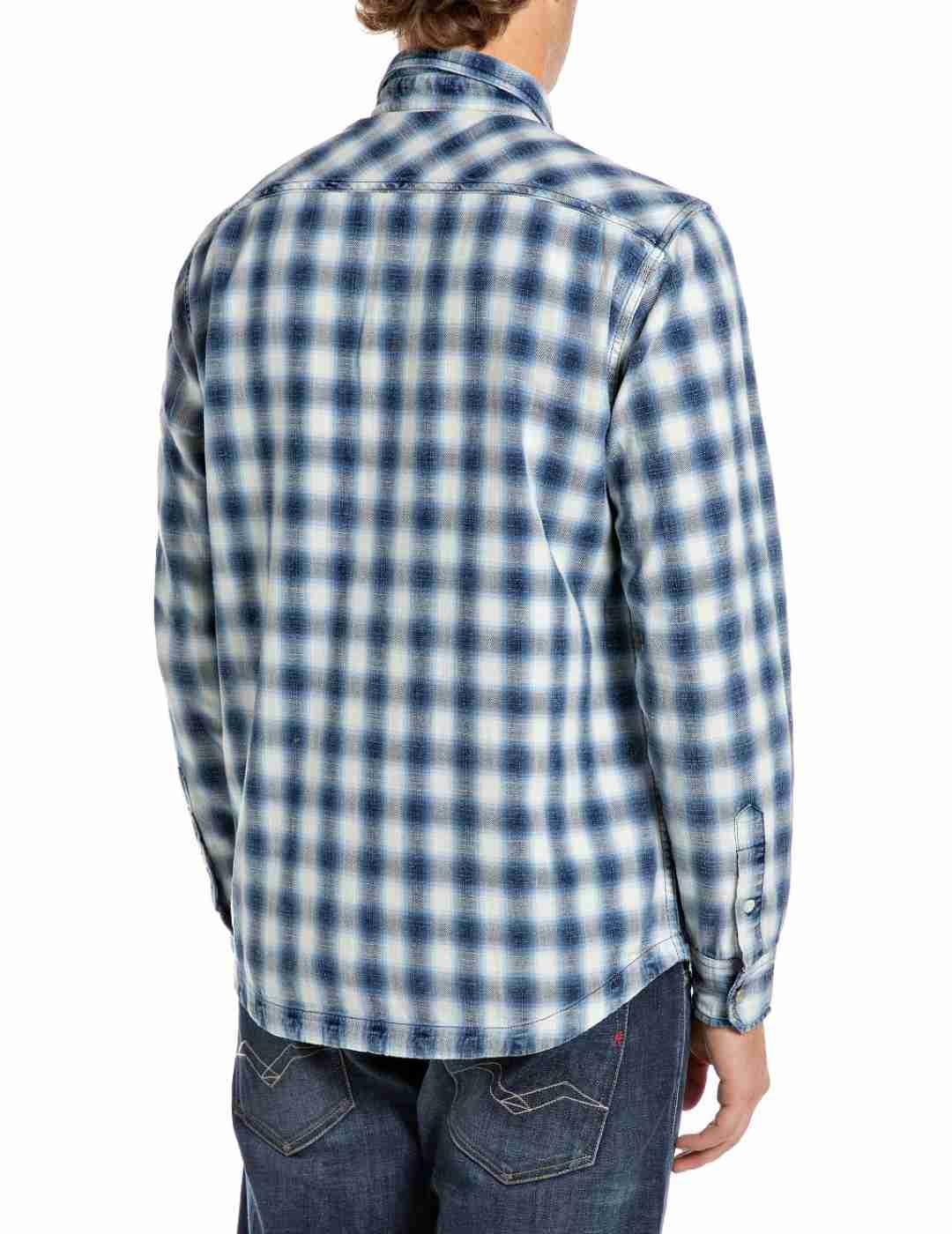 Camisa Replay regular azul cuadros blanco y gris para hombre