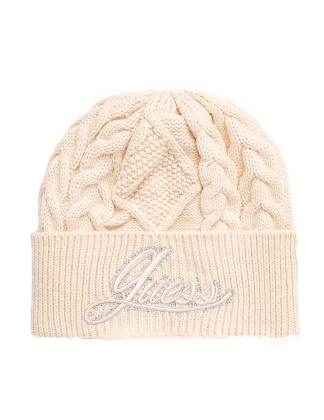 Gorro de punto Guess Roselyn beige logotipo para mujer