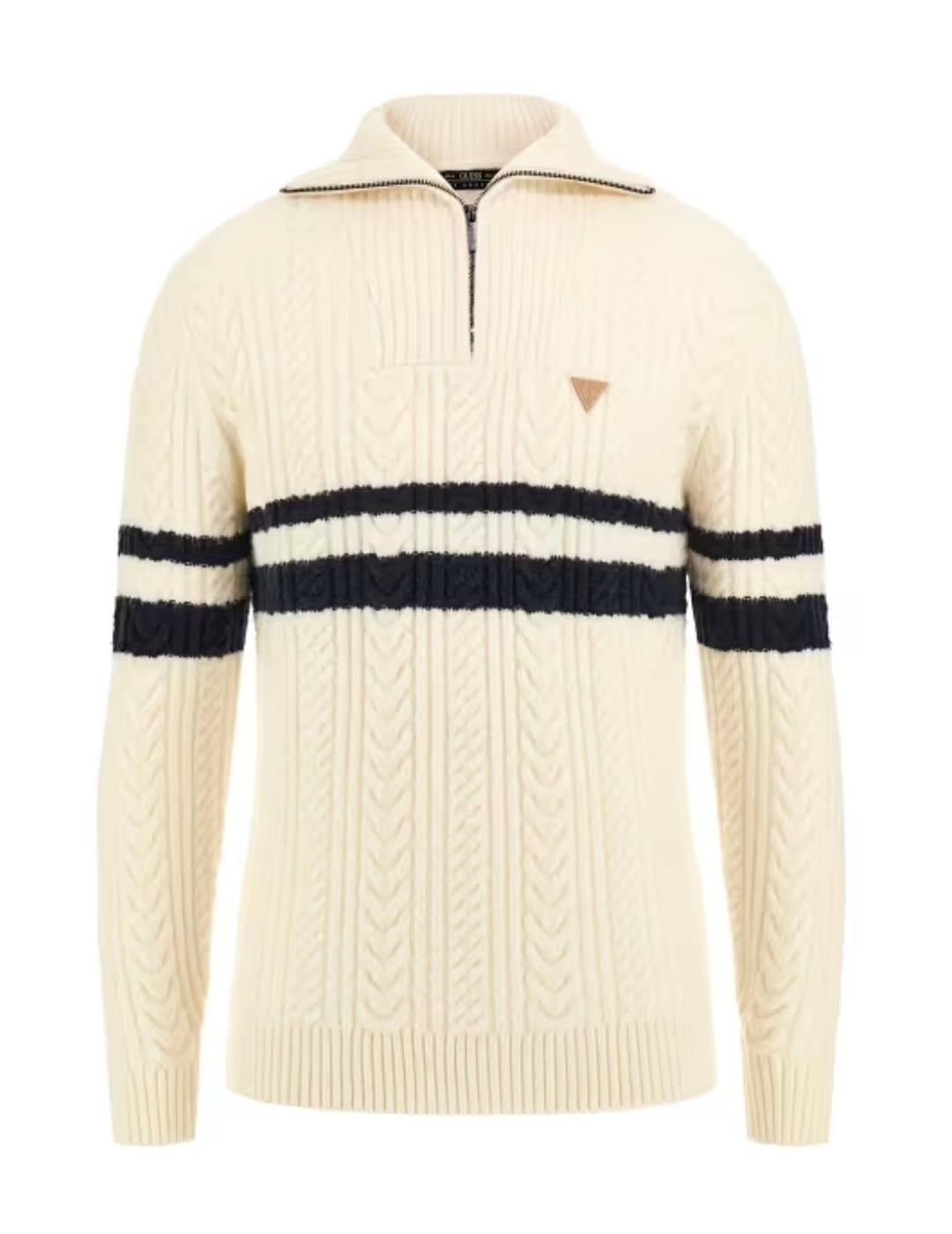 Jersey de lana Guess Cable beige y marino cremallera hombre