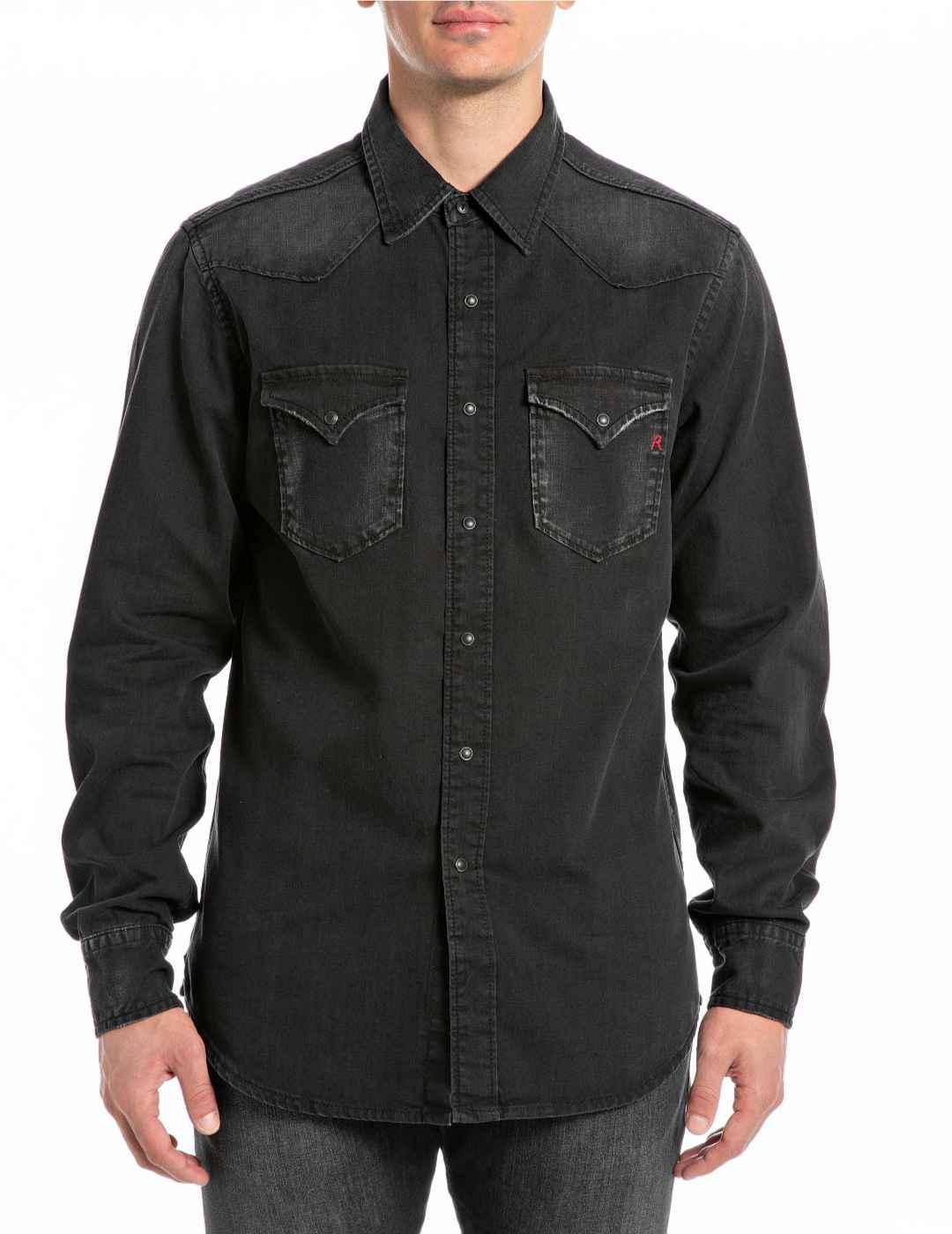 Camisa vaquera Replay negro desgastado regular para hombre