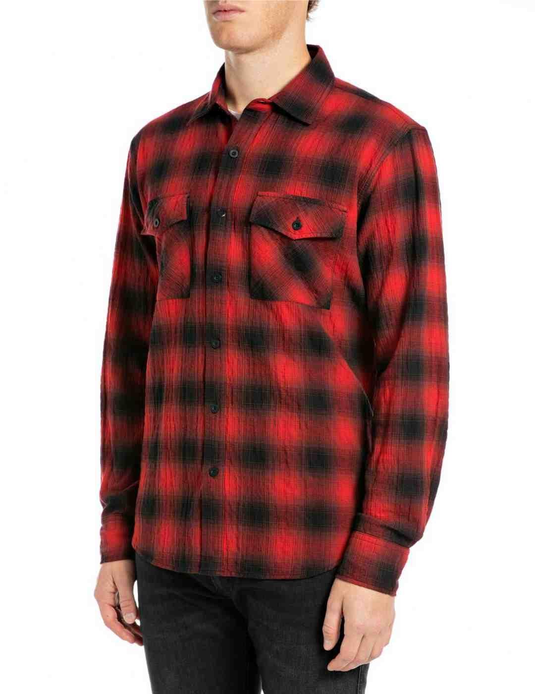 Camisa Replay cuadros rojo y negro regular fit para hombre