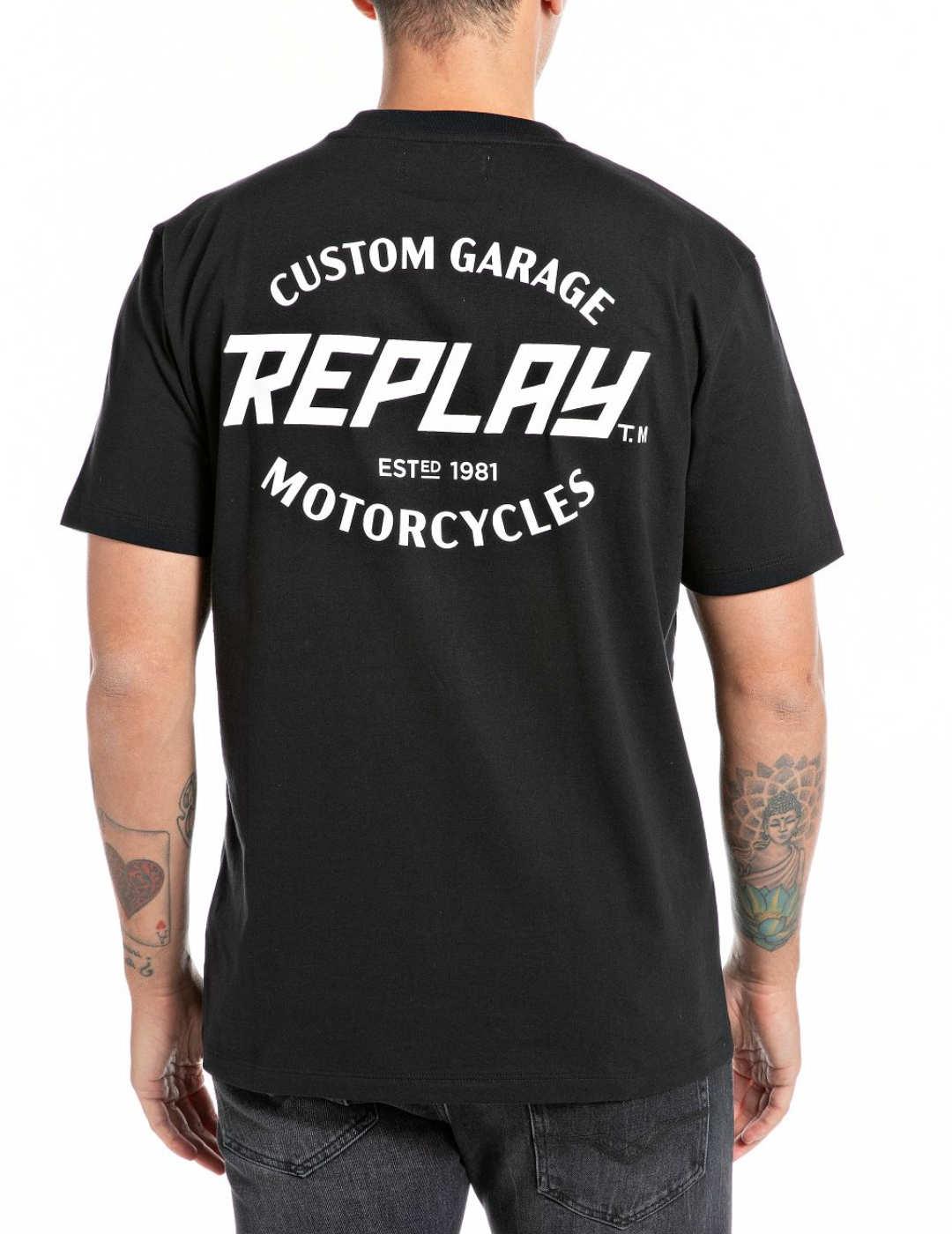 Camiseta Replay negra de manga corta estampada para hombre