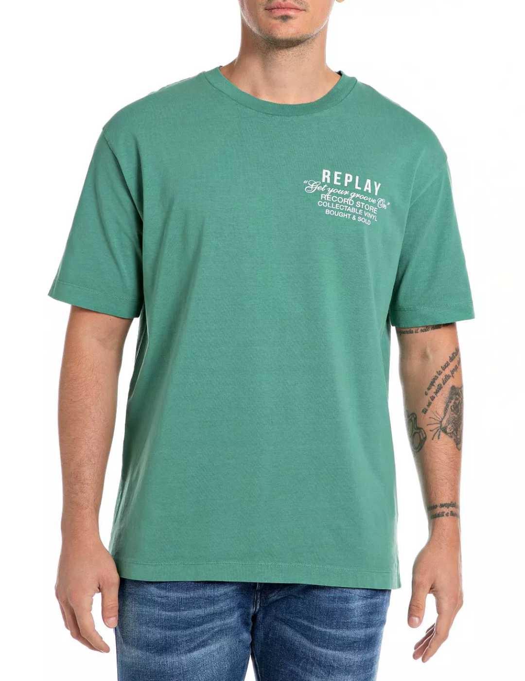 Camiseta Replay verde manga corta logotipo rojo para hombre