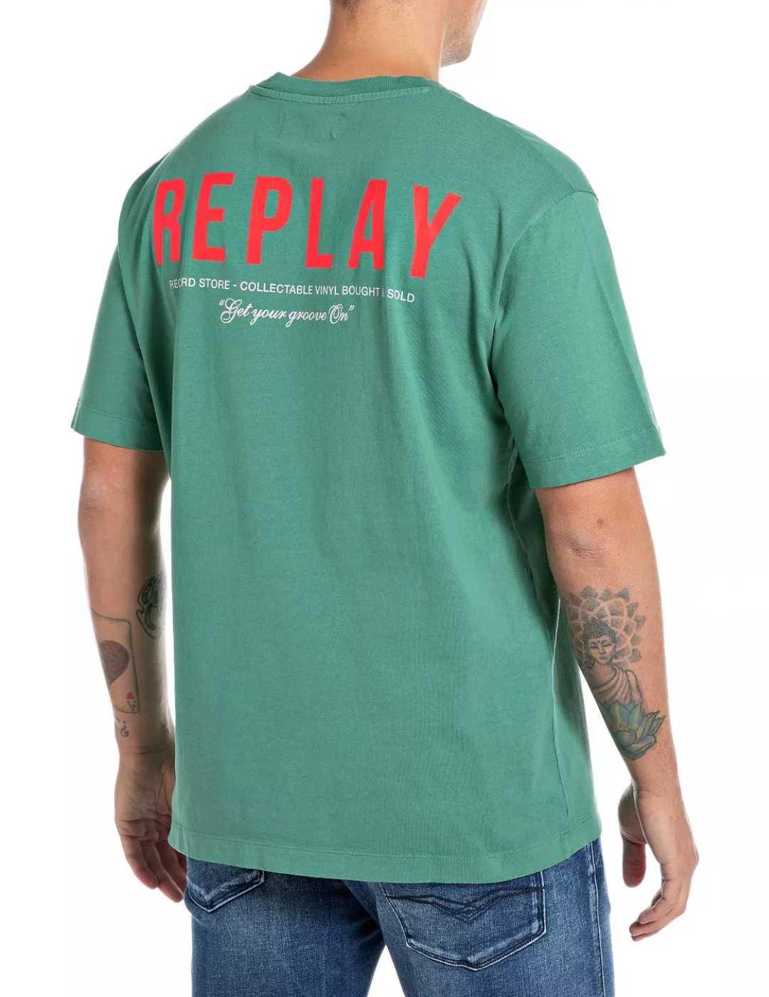 Camiseta Replay verde manga corta logotipo rojo para hombre