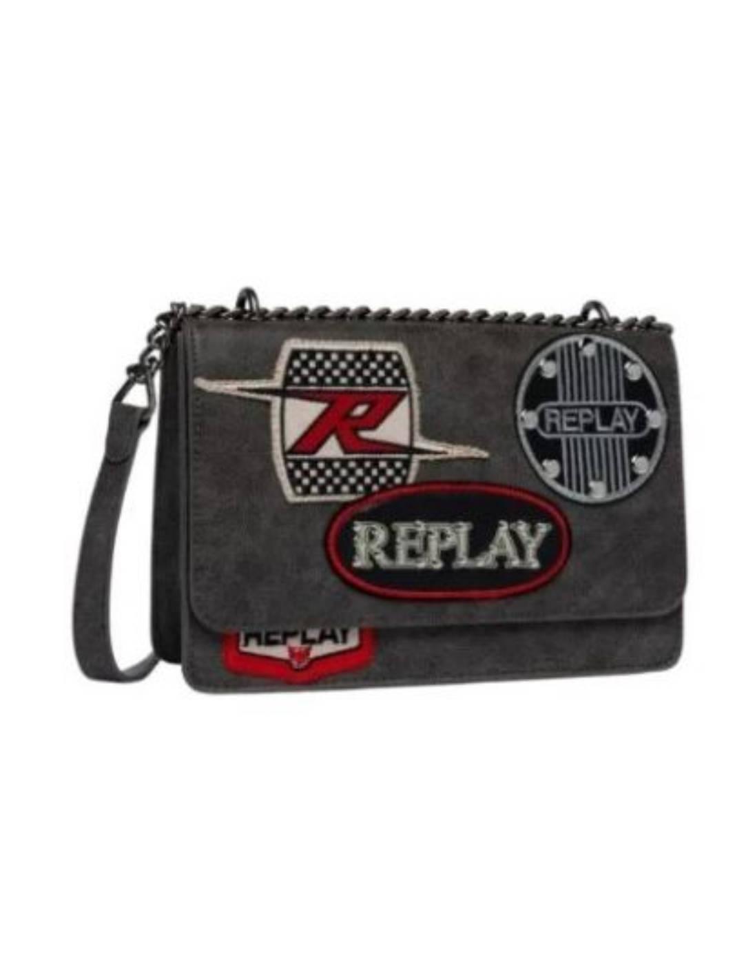 Bolso bandolera Replay gris desgastado con parches de mujer