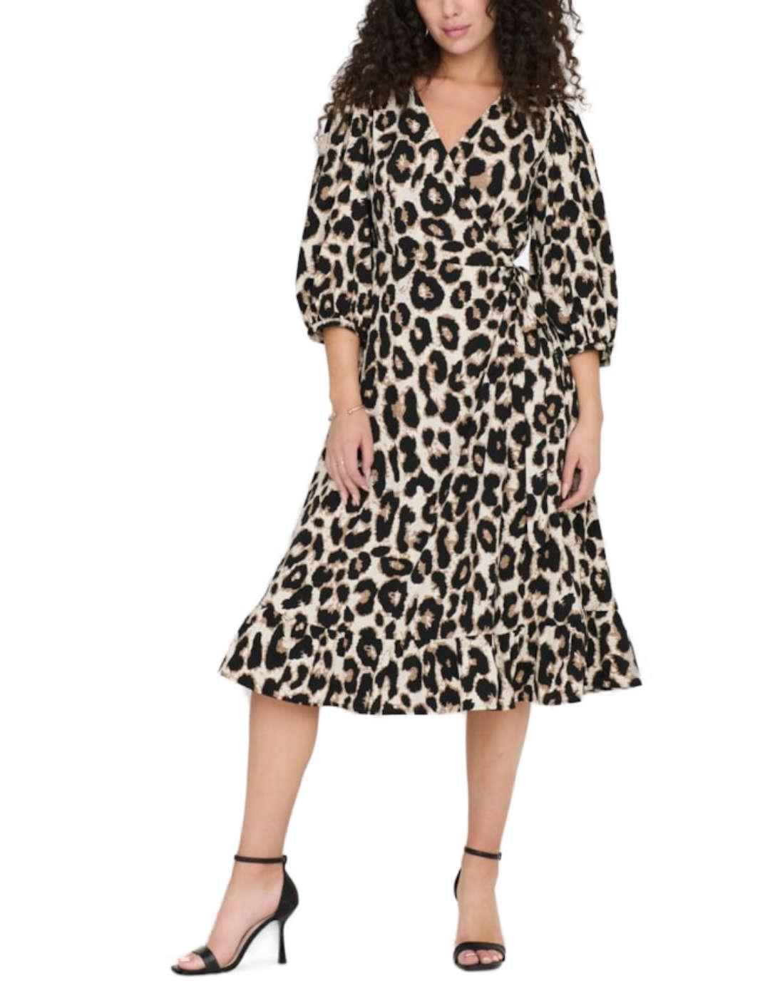 Vestido Only Olivia midi leopardo manga 3/4 para mujer