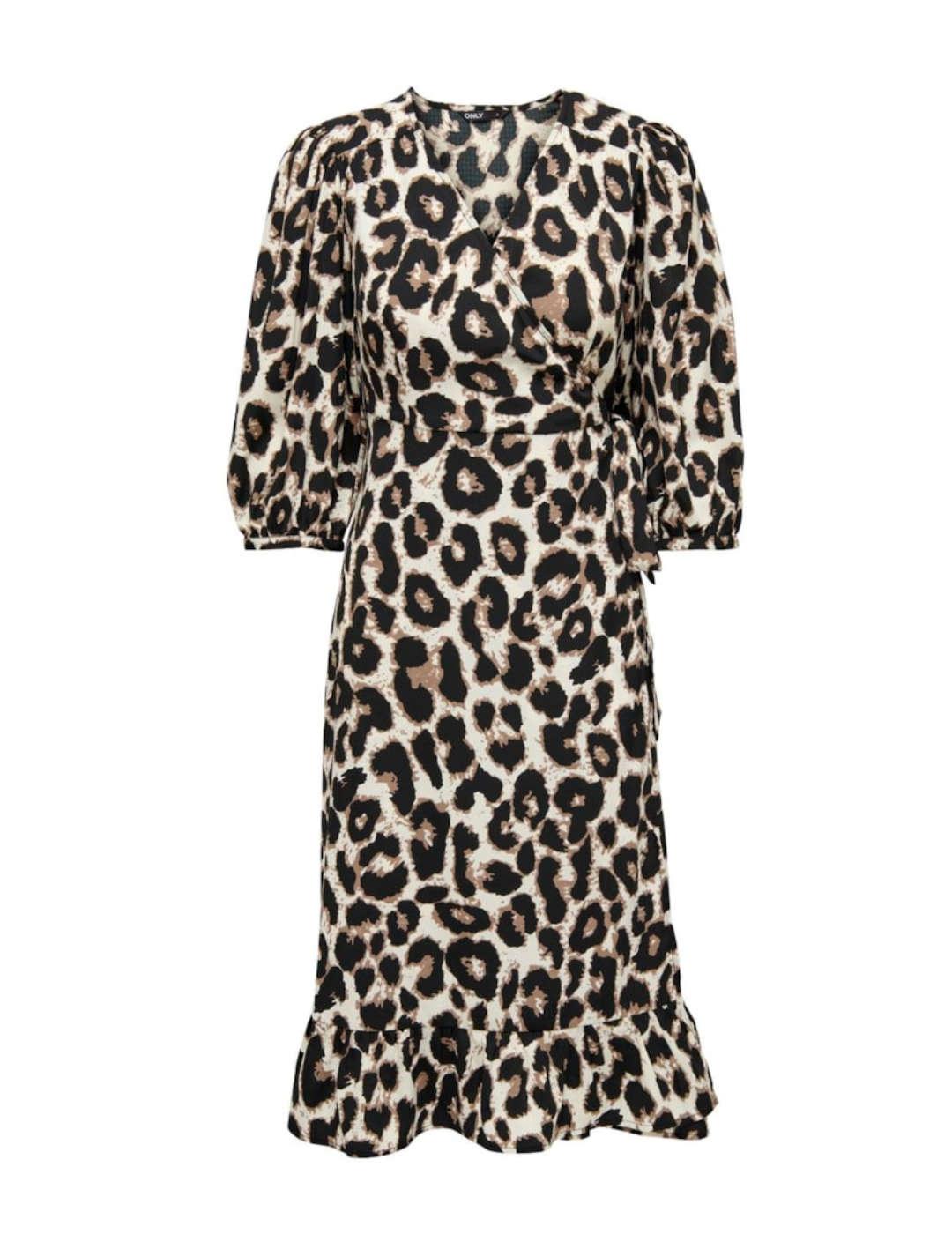 Vestido Only Olivia midi leopardo manga 3/4 para mujer