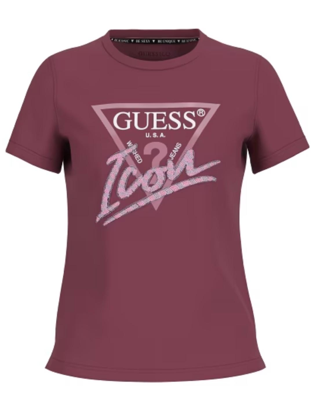 Camiseta Guess Icon granate logotipo manga corta para mujer