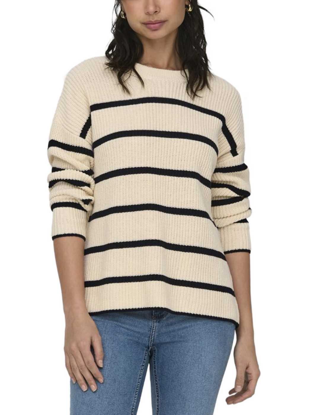 Jersey de punto Only Pernille beige raya negra para mujer